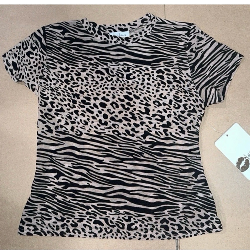 Short Sleeve Animal Print Tee - Beige and Black